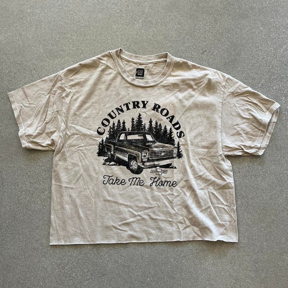 Country Roads Take Me Home GM Woman's Crop Top Tee Beige Medium